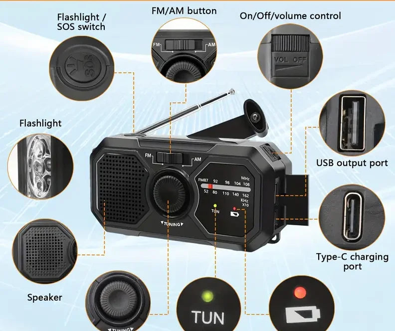 Radio/powerbank/Lanterna Solar, manivela a bateria