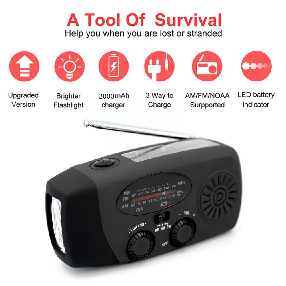 Radio Lanterna Power Bank carregamento por manivela, solar ou USB