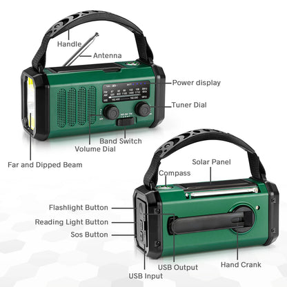 Radio de bateria, solar, ou manivela