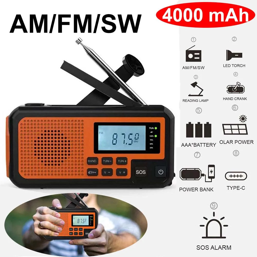 Radio Lanterna a bateria, solar ou manivela